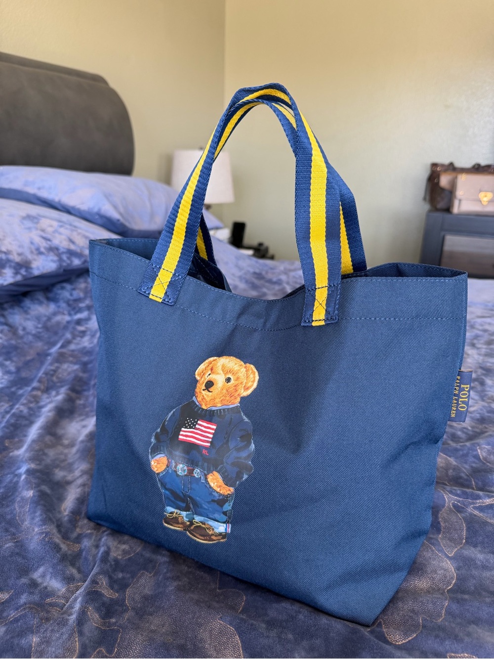 Polo by Ralph Lauren Navy Tote with Yellow-Striped Handles and Bear Graphic - Picture 2 of 16